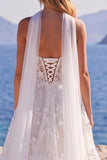 White Corset Tulle A-Line Sweetheart Appliqued Floral Long Wedding Dress