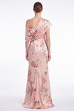 Pink Flower Satin One Shoulder Mermaid Ruched Maxi Dress
