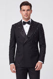 2 Piece Black Double Breasted Peak Lapel Men's Prom Suits with Beading