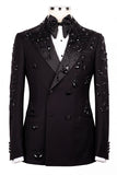 2 Piece Black Double Breasted Peak Lapel Men's Prom Suits with Beading
