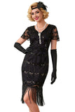 Green Golden V-Neck Short Sheer Sleeves Sequins Bodycon 1920S Dress with Fringe