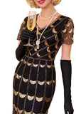 Green Golden V-Neck Short Sheer Sleeves Sequins Bodycon 1920S Dress with Fringe