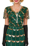 Green Golden V-Neck Short Sheer Sleeves Sequins Bodycon 1920S Dress with Fringe