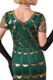 Green Golden V-Neck Short Sheer Sleeves Sequins Bodycon 1920S Dress with Fringe