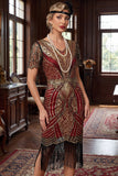 Red Golden V-Neck Sequins Bodycon Short 1920s Dress with Fringe Hem