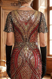 Red Golden V-Neck Sequins Bodycon Short 1920s Dress with Fringe Hem