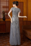 Sparkly Grey Round Neck Flutter Sleeves Sheath Long 1920s Dress with Sequins