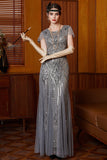 Sparkly Grey Round Neck Flutter Sleeves Sheath Long 1920s Dress with Sequins
