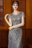 Sparkly Grey Round Neck Flutter Sleeves Sheath Long 1920s Dress with Sequins