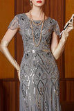 Sparkly Grey Round Neck Flutter Sleeves Sheath Long 1920s Dress with Sequins