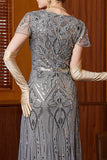 Sparkly Grey Round Neck Flutter Sleeves Sheath Long 1920s Dress with Sequins