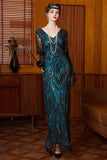 Black Blue Sequin V-Neck Half Sleeves Sheath Long 1920s Dress with Beading
