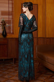 Black Blue Sequin V-Neck Half Sleeves Sheath Long 1920s Dress with Beading