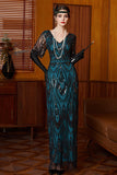 Black Blue Sequin V-Neck Half Sleeves Sheath Long 1920s Dress with Beading
