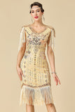 Sparkly Bodycon V-Neck Sequins Fringed Shoulder Sleeves 1920s Dress