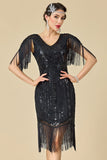 Sparkly Bodycon V-Neck Sequins Fringed Shoulder Sleeves 1920s Dress