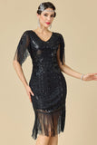 Sparkly Bodycon V-Neck Sequins Fringed Shoulder Sleeves 1920s Dress