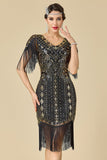Sparkly Bodycon V-Neck Sequins Fringed Shoulder Sleeves 1920s Dress