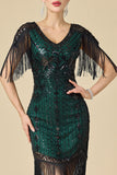 Sparkly Bodycon V-Neck Sequins Fringed Shoulder Sleeves 1920s Dress