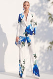 White Blue Flower Printed Notched Lapel Pantsuits Women Prom Suits
