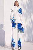 White Blue Flower Printed Notched Lapel Pantsuits Women Prom Suits