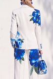 White Blue Flower Printed Notched Lapel Pantsuits Women Prom Suits
