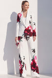 White Blue Flower Printed Notched Lapel Pantsuits Women Prom Suits