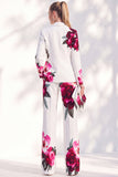 White Blue Flower Printed Notched Lapel Pantsuits Women Prom Suits