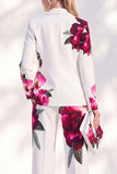 White Blue Flower Printed Notched Lapel Pantsuits Women Prom Suits