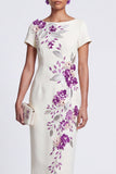 White Sheath Boat Neck Floral Embroidery Sequins Midi Work Dress with 3D Appliques