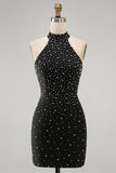 Black Bodycon Halter Pearls Beaded Short Cocktail Dress with Lace Up Back