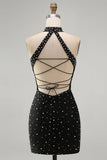 Black Bodycon Halter Pearls Beaded Short Cocktail Dress with Lace Up Back