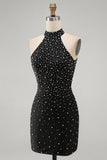 Black Bodycon Halter Pearls Beaded Short Cocktail Dress with Lace Up Back
