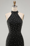 Black Bodycon Halter Pearls Beaded Short Cocktail Dress with Lace Up Back