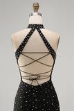 Black Bodycon Halter Pearls Beaded Short Cocktail Dress with Lace Up Back