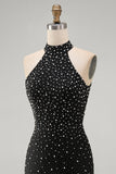 Black Bodycon Halter Pearls Beaded Short Cocktail Dress with Lace Up Back