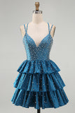 Blue A Line Pearls Tiered Ruffle Short Cocktail Dresses with Beading