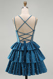 Blue A Line Pearls Tiered Ruffle Short Cocktail Dresses with Beading