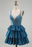 Blue A Line Pearls Tiered Ruffle Short Cocktail Dresses with Beading