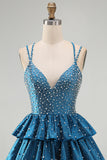 Blue A Line Pearls Tiered Ruffle Short Cocktail Dresses with Beading