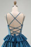 Blue A Line Pearls Tiered Ruffle Short Cocktail Dresses with Beading