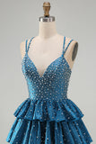Blue A Line Pearls Tiered Ruffle Short Cocktail Dresses with Beading