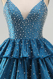 Blue A Line Pearls Tiered Ruffle Short Cocktail Dresses with Beading