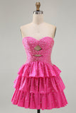 Beaded A Line Cut Out Tiered Ruffle Fuchsia Cocktail Dress with Pearls