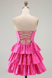 Beaded A Line Cut Out Tiered Ruffle Fuchsia Cocktail Dress with Pearls