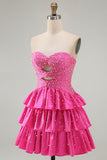 Beaded A Line Cut Out Tiered Ruffle Fuchsia Cocktail Dress with Pearls