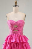 Beaded A Line Cut Out Tiered Ruffle Fuchsia Cocktail Dress with Pearls