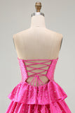 Beaded A Line Cut Out Tiered Ruffle Fuchsia Cocktail Dress with Pearls