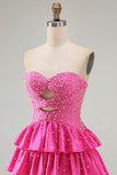 Beaded A Line Cut Out Tiered Ruffle Fuchsia Cocktail Dress with Pearls