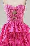 Beaded A Line Cut Out Tiered Ruffle Fuchsia Cocktail Dress with Pearls